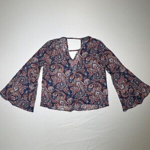 Navy Paisley Bell Sleeve Blouse